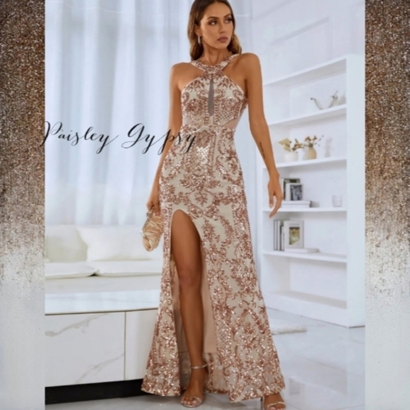 GLAMOROUS HIGH FASHION FORMAL CHAMPAGNE AND ROSE GOLD GOWN - Picture 6 of 12